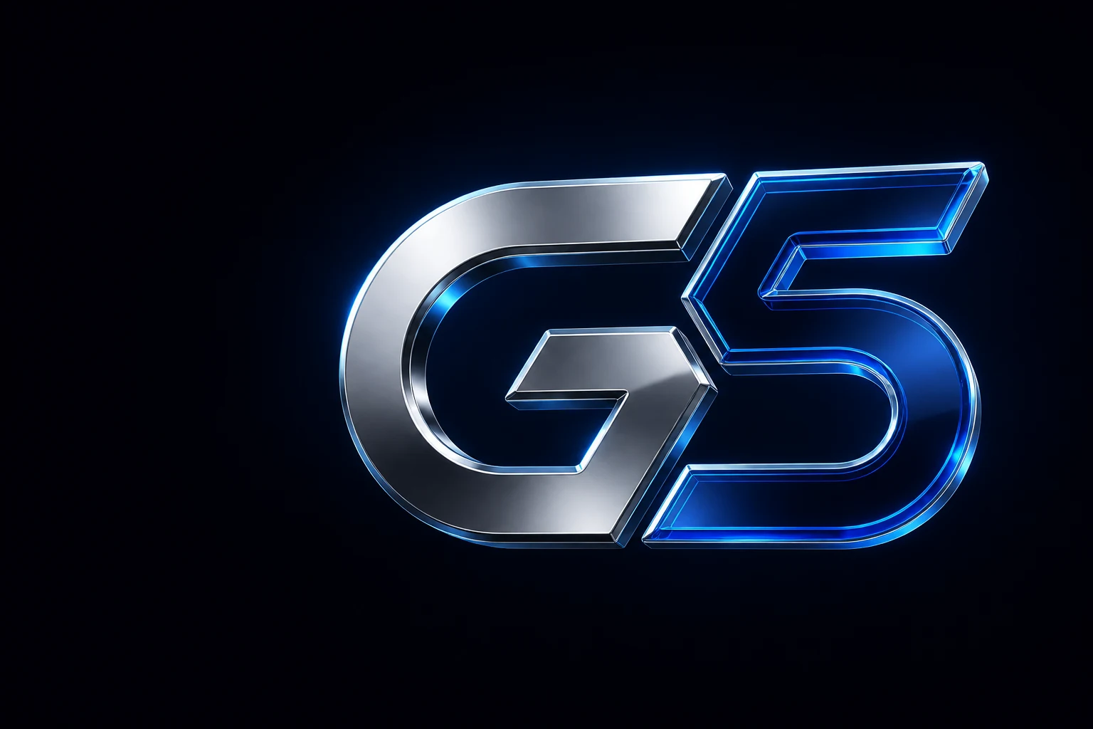 Monograma G5 em escultura cromada e vidro azul