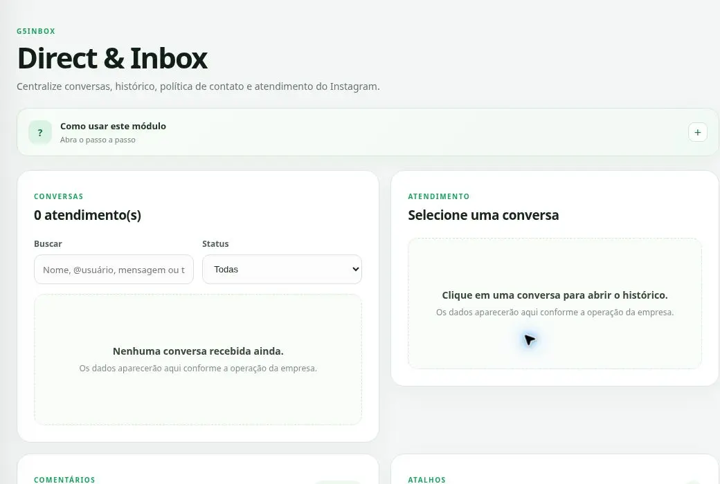 Tela real do Direct e Inbox do G5Social