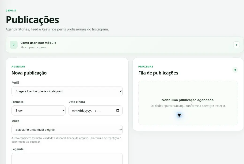 Tela real de agendamento de publicações do G5Social