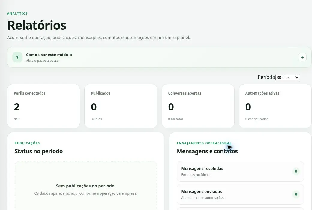 Tela real dos relatórios operacionais do G5Social