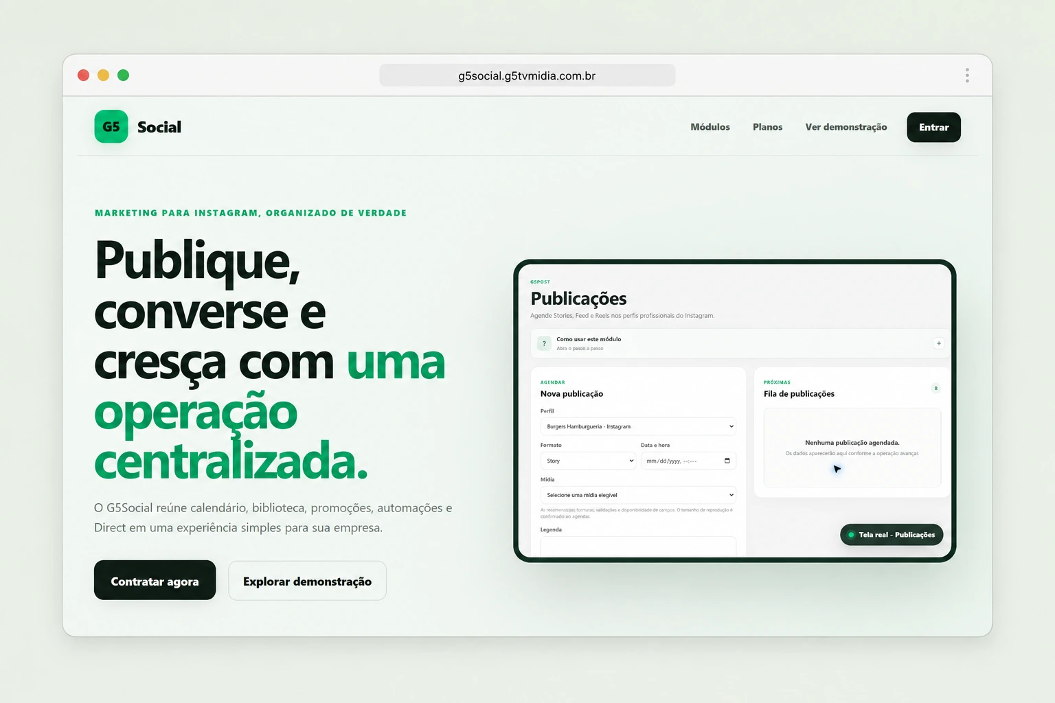 Página inicial do site G5Social: Publique, converse e cresça com uma operação centralizada