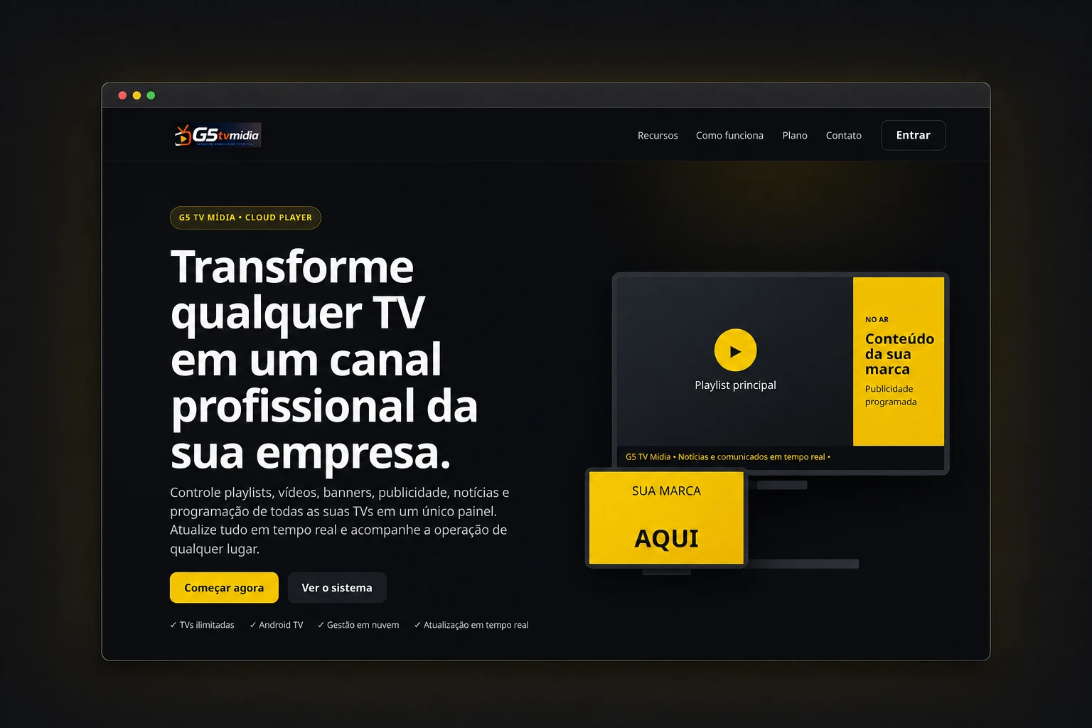 Mockup do layout do site G5TVMídia, em preto e amarelo