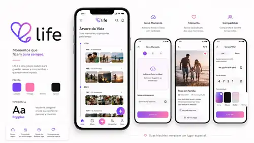 Apresentação do aplicativo Life com telas de Árvore da Vida, novo momento, visualização de lembranças e compartilhamento