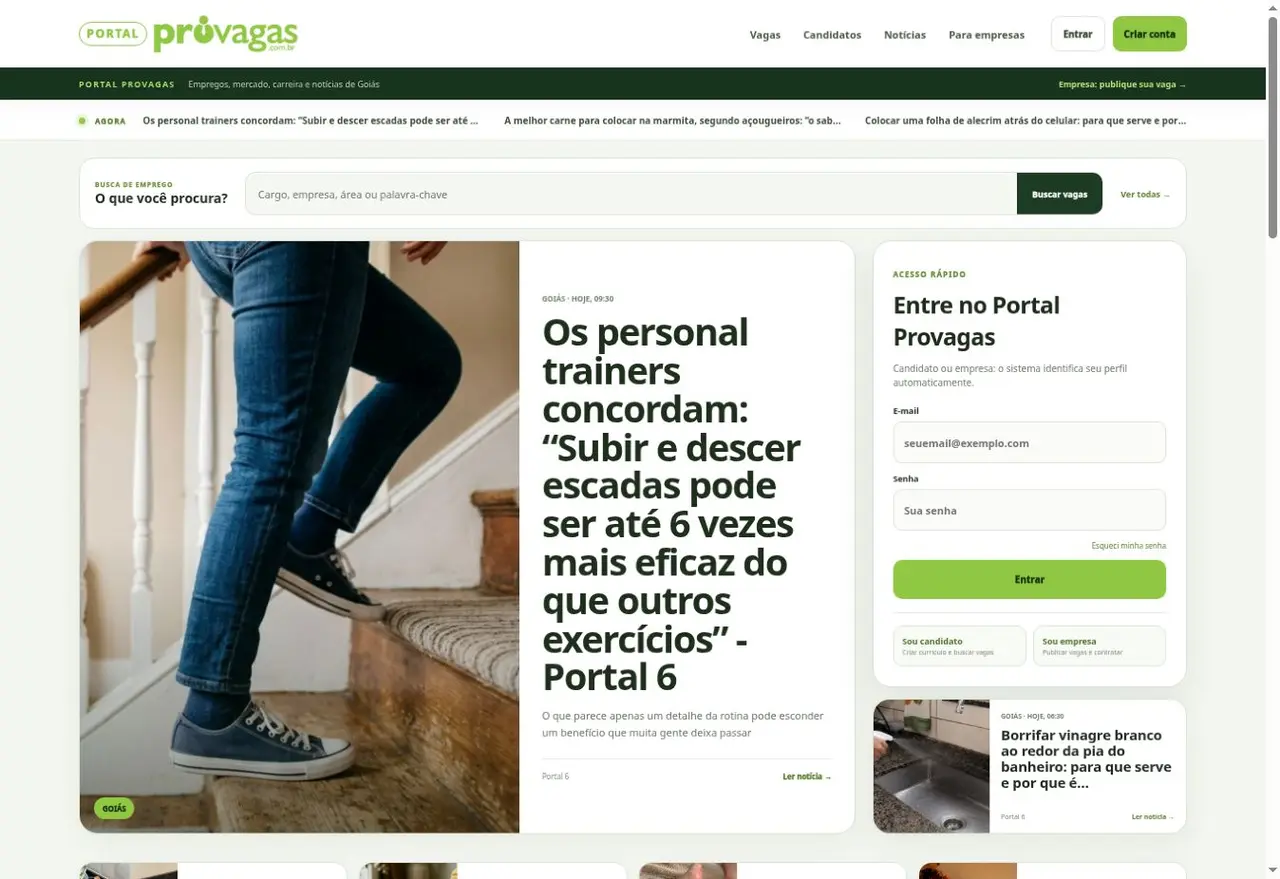 Página real do Portal Provagas com busca de emprego e acesso para candidatos e empresas