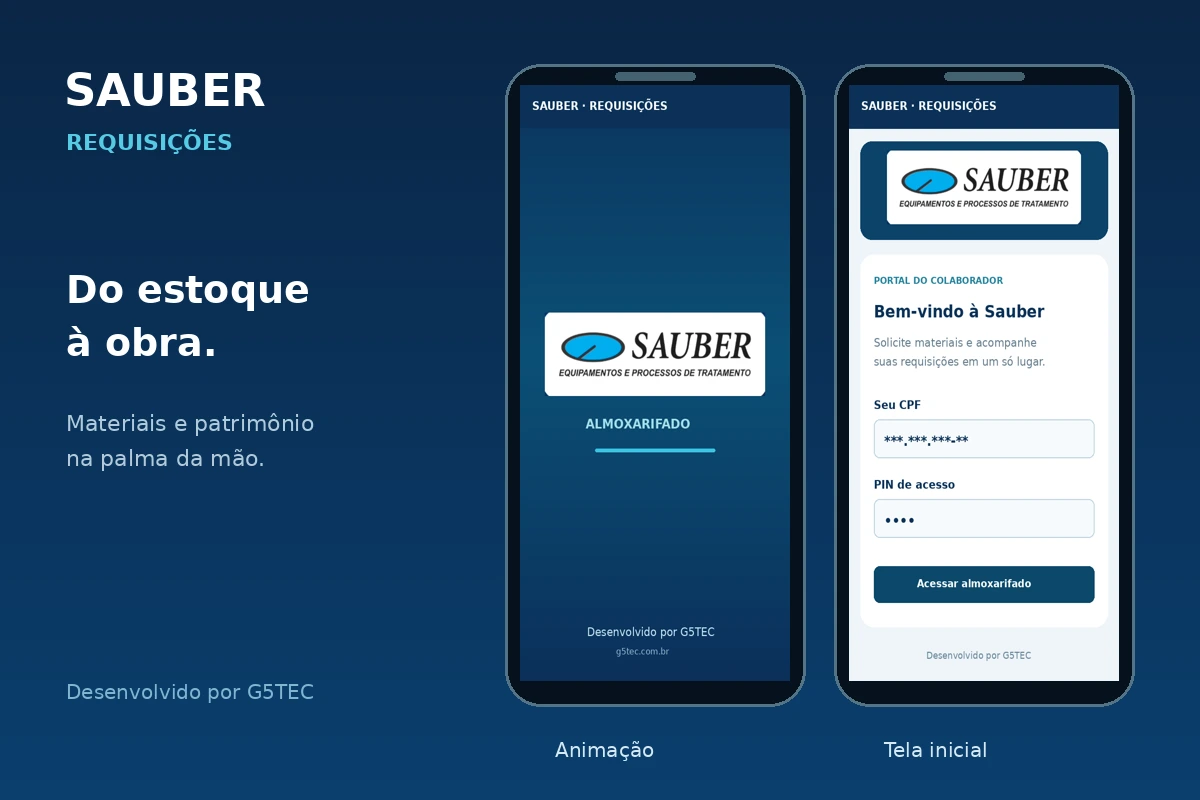 Aplicativo Sauber Requisições: layout da tela de animação e da tela inicial em celulares